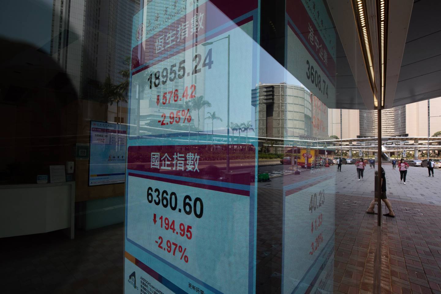 An electronic screen displays the Hang Seng Index, top, and Hang Seng China Enterprises Index (HSCEI) in Hong Kong, China, on Tuesday, March 15, 2022. Chinese stocks suffered another deep selloff on Tuesday as concerns about the countrys ties with Russia and persistent regulatory pressure sent shares on a downward spiral. Photographer: Paul Yeung/Bloombergdfd