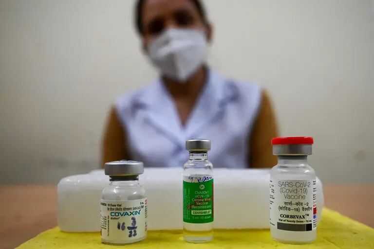 As vacinas Corbevax, direita, Covishield, centro e Covaxin.Fotógrafo: Prakash Singh/AFP/Getty Imagesdfd