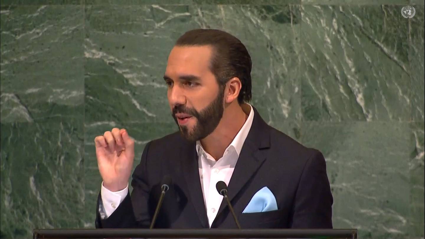 Nayib Bukele en su discurso ante la Asamblea General de las Naciones Unidas, en Nueva York, durante el 77º período de sesiones, el martes 20 de septiembre de 2022.