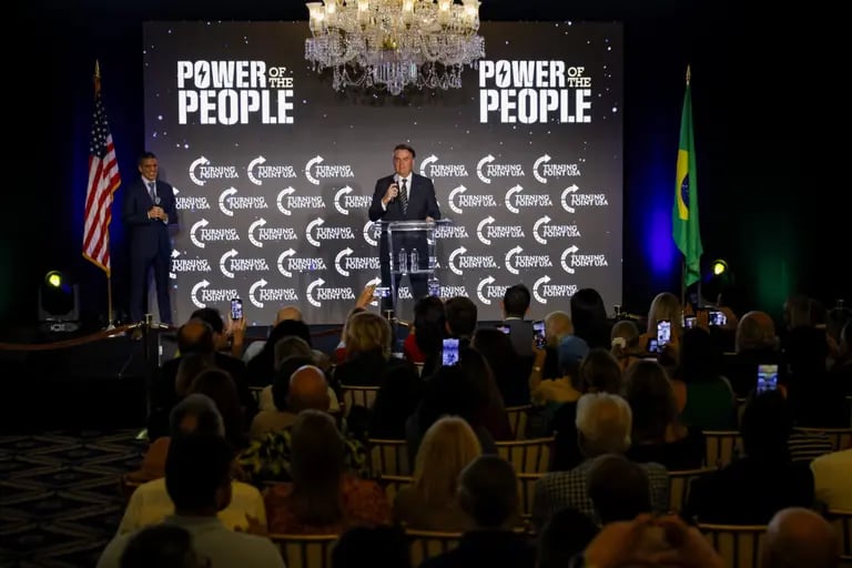 Jair Bolsonaro speaks during a Turning Point USA Power of The People event in Miami, on Feb. 3.dfd