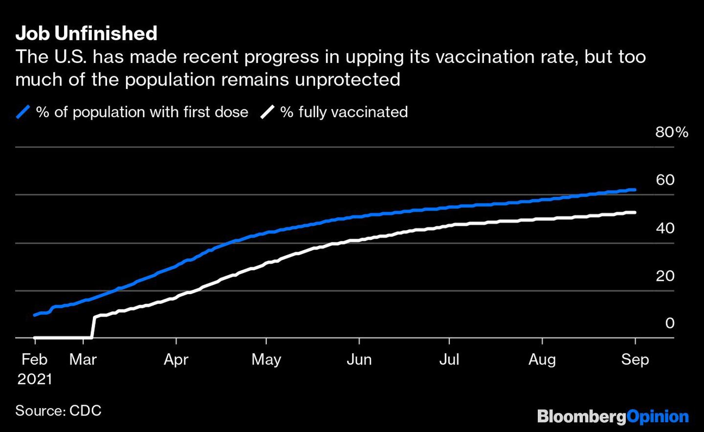 Estados Unidos ha avanzado recientemente en el aumento de su tasa de vacunación, pero una parte excesiva de la población sigue sin protección. 
Azul: % de primera dosis
Blanco: % de vacunación completa dfd