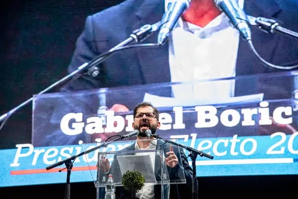 Gabriel Boric, Chile's president-elect, speaks during an election night rally in Santiago, Chile, on Sunday, Dec. 19, 2021. Leftist Boric was elected president of Chile on Sunday vowing higher taxes, greener industries and greater equality, after tapping into discontent over an investor-friendly economy that has left many behind. Photographer: Cristobal Olivares/Bloomberg