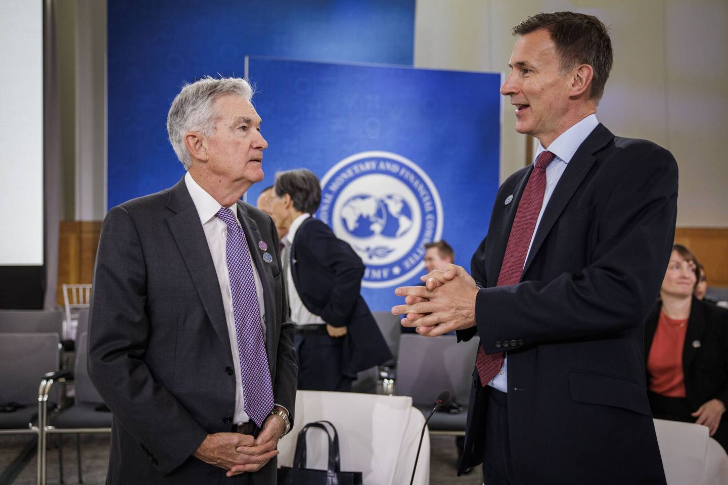 Jeremy Hunt, right, and Jerome Powell in Washington, DC, US, on April 14.