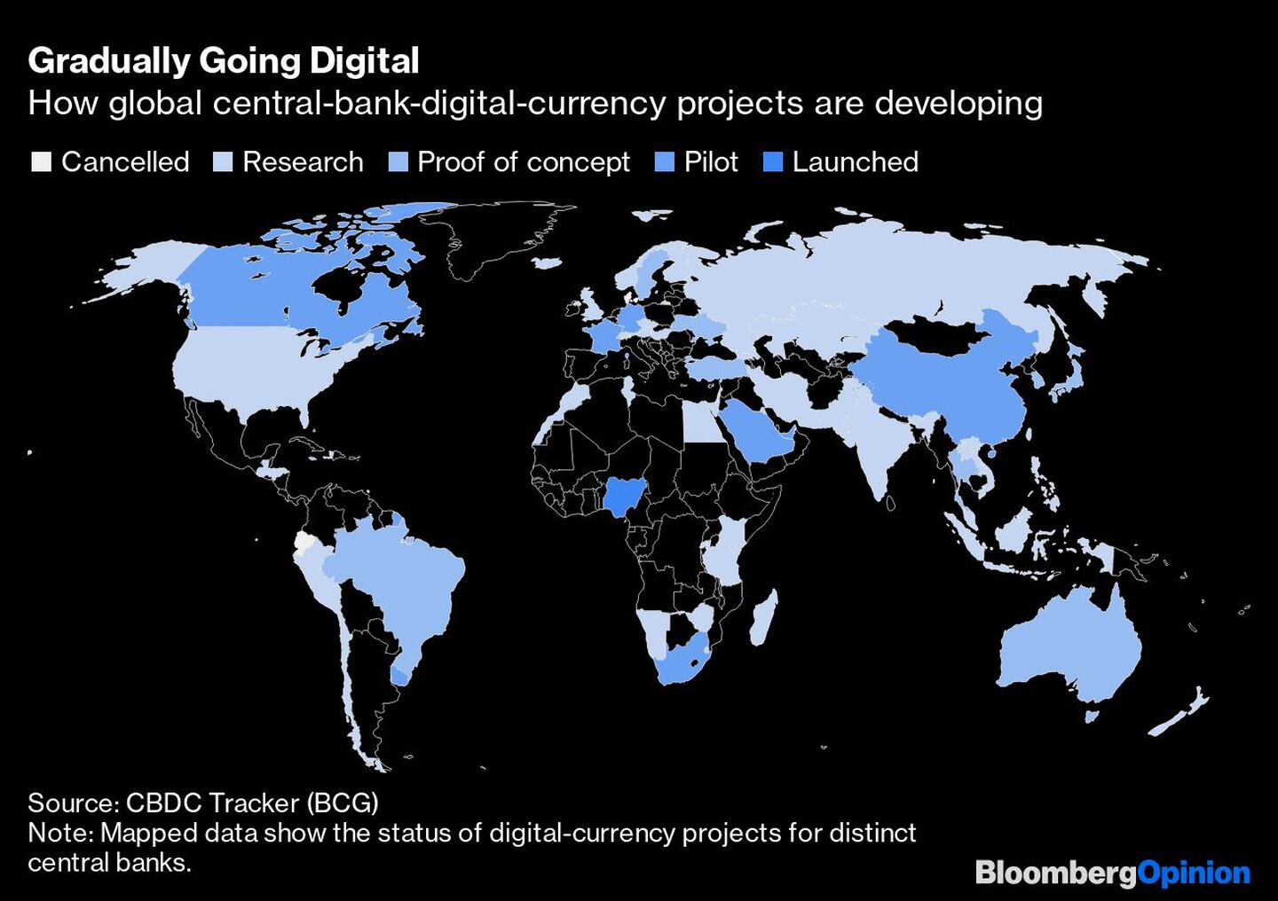 La digitalización gradual 
Cómo se desarrollan los proyectos mundiales de bancos centrales y monedas digitales
Blanco: Cancelado
Gris: Investigación 
Azul gris: prueba de concepto
Azul claro: Piloto
Azul: Lanzadodfd