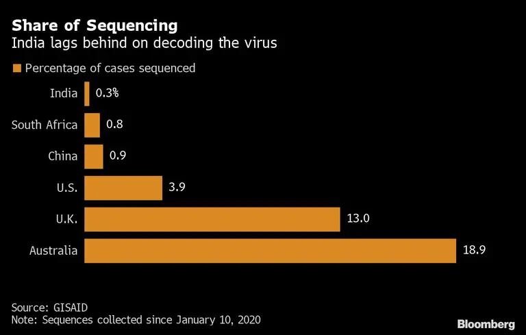 Parte de la secuenciación 
La India se queda atrás en la descodificación del virus
Naranja: Porcentaje de casos secuenciados
India 0,3%
Sudáfrica 0,8%
China 0,9%
EE.UU. 3,9%
Reino Unido 13,0%
Australia 18,9%dfd