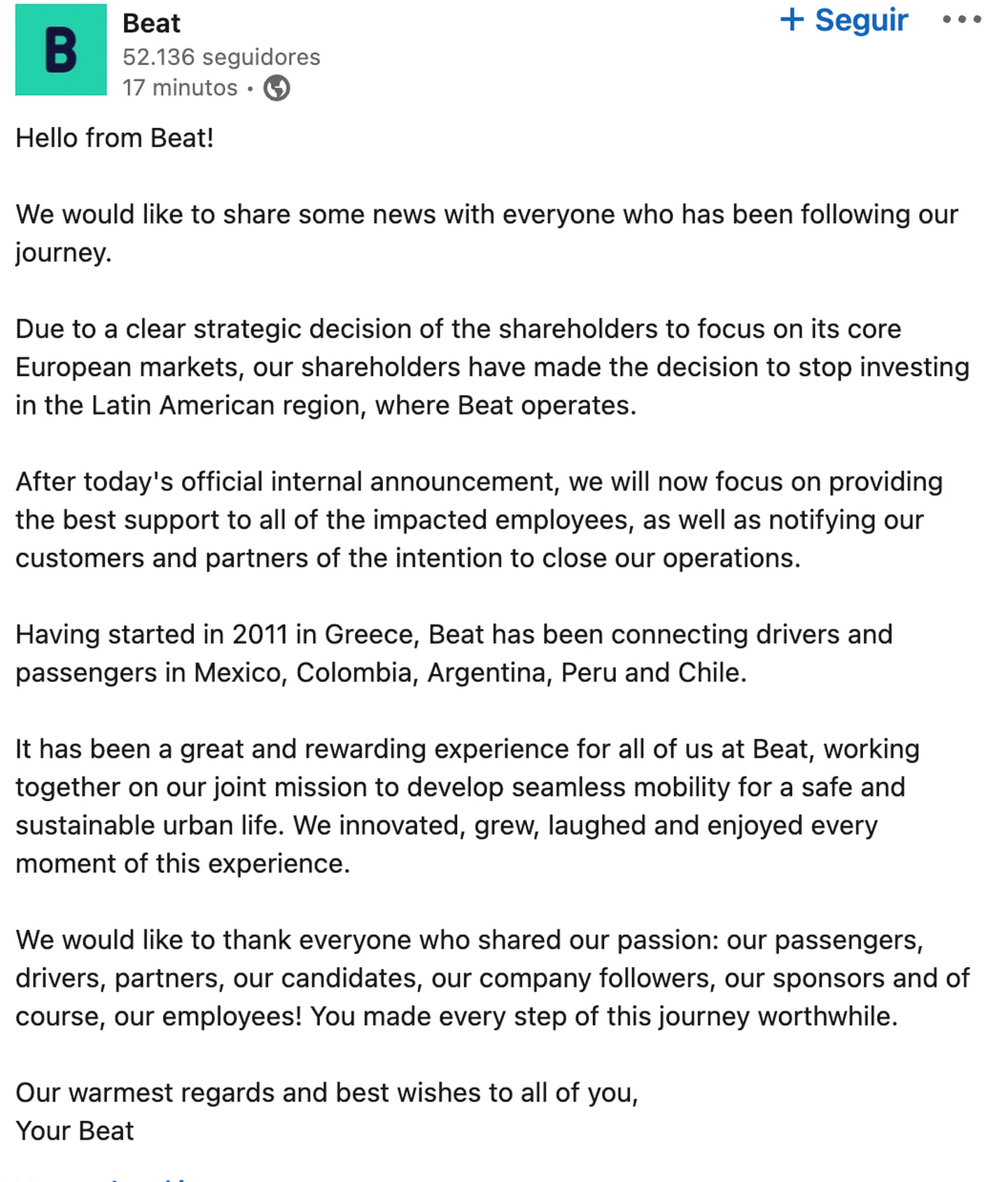 Beat announced the closure of its operations in Argentina, Mexico and Peru on its LinkedIn profile. dfd