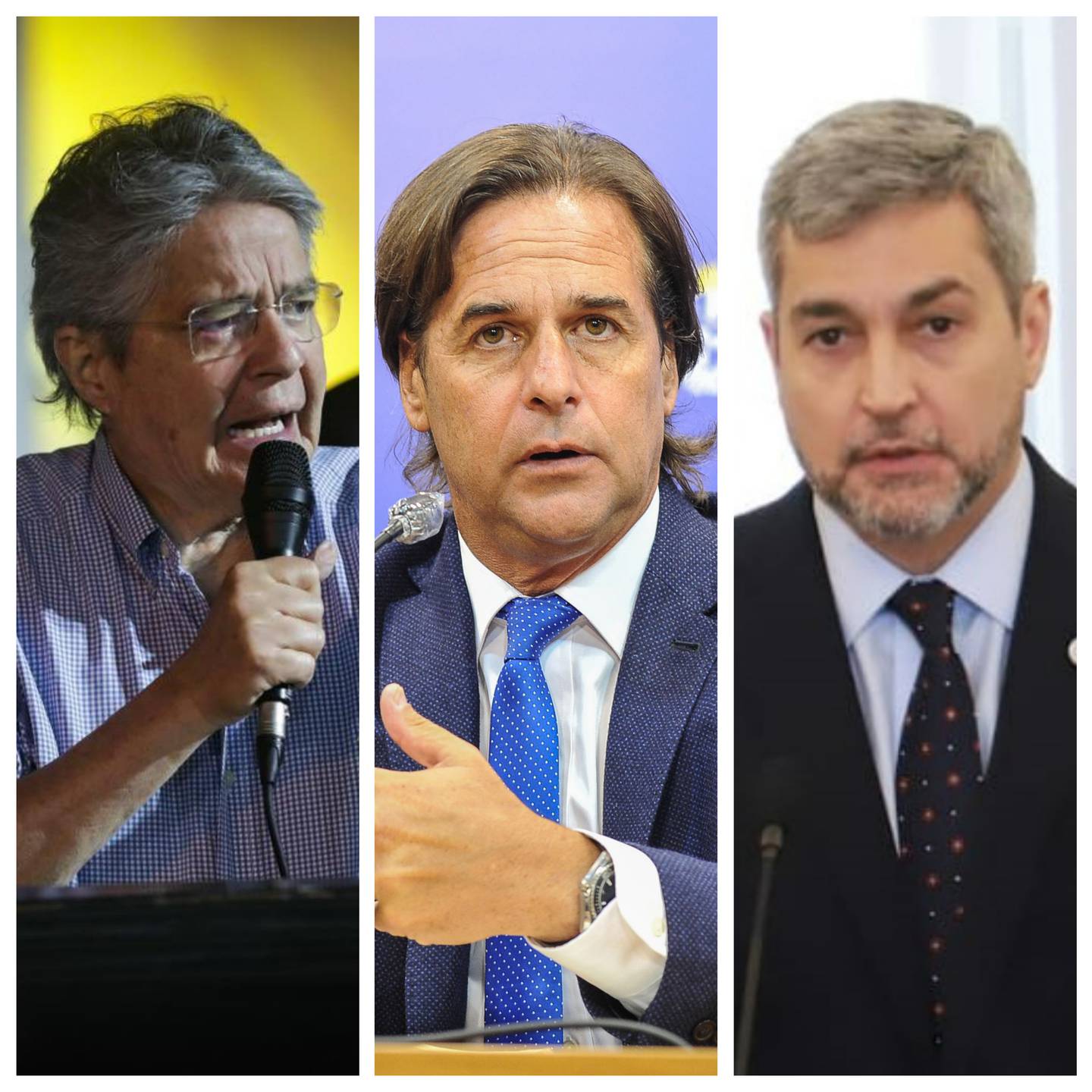 Los presidentes Guillermo Lasso (Ecuador), Luis Lacalle Pou (Uruguay) y Mario Abdo Benítez (Paraguay).