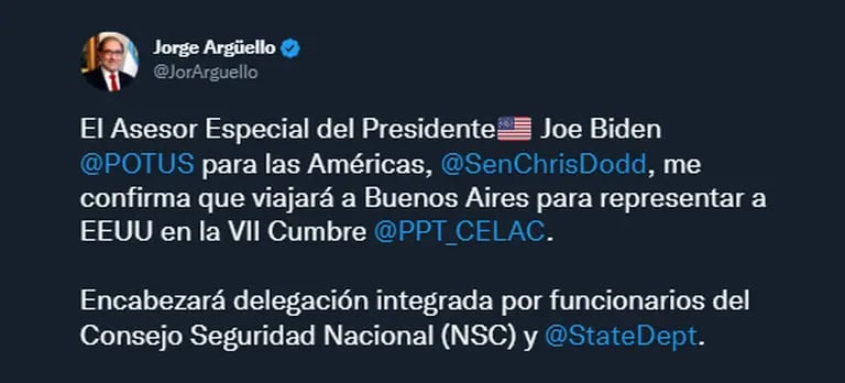 El embajador argentino en Estados Unidos, Jorge Argüello, comunicó que Biden no asistirá a la cumbre de CELAC.dfd