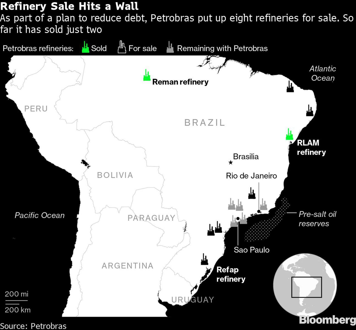 La venta de la refinería se topa con un muro
Como parte de un plan para reducir la deuda, Petrobras puso en venta ocho refinerías. Hasta ahora sólo ha vendido dos
Refinerías de Petrobras: Verde: vendida
Negro: En venta
Gris: Permanece en Petrobrasdfd