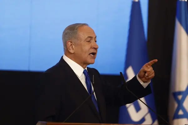 Benjamin Netanyahu, leader of the Likud party, gestures as he speaks at the party's headquarters in Tel Aviv, Israel, on Wednesday, Nov. 2, 2022. Israelis began voting on Tuesday in their fifth general election since 2019, with former Prime Minister Netanyahu plotting his return as part of an alliance that could empower the nation’s far right. Photographer: Kobi Wolf/Bloomberg