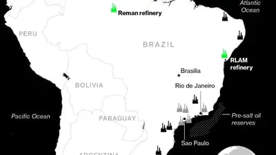 La venta de la refinería se topa con un muro
Como parte de un plan para reducir la deuda, Petrobras puso en venta ocho refinerías. Hasta ahora sólo ha vendido dos
Refinerías de Petrobras: Verde: vendida
Negro: En venta
Gris: Permanece en Petrobras