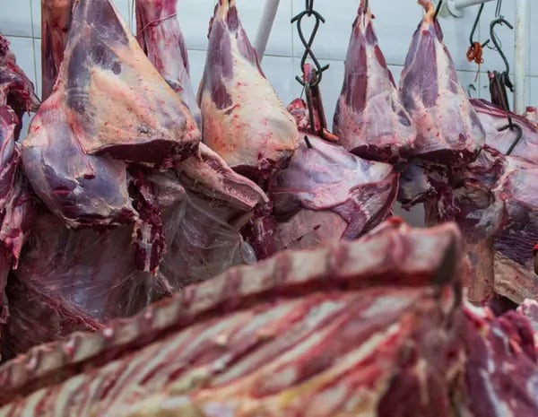 Meat hangs on display for sale at a butchery stall inside a market in Sao Paulo, Brazil