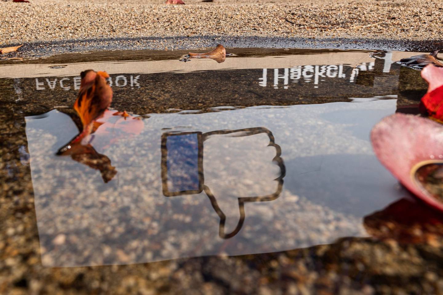 Logotipo de Facebook reflejado en agua, afuera de la sede de la empresa en Menlo Park.