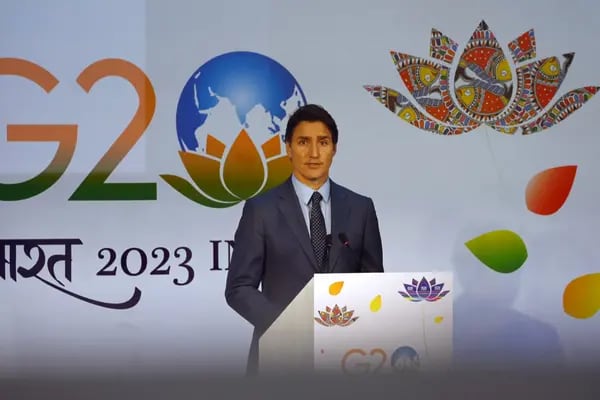 Justin Trudeau, Primer Ministro de Canadá, durante una rueda de prensa al margen de la Cumbre de Líderes del Grupo de los 20 (G-20) en Nueva Delhi, India, el domingo 10 de septiembre de 2023.