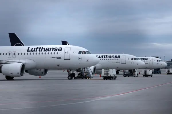 Passenger aircraft, operated by Deutsche Lufthansa AG, grounded during strike action by ground crews, services staff and security personnel, at Munich International Airport in Munich, Germany, on Friday, Feb. 17, 2023. Germany's two largest airports, Frankfurt and Munich, came to a virtual standstill today as ground staff stage another strike over pay, exacerbating an already chaotic week for air travel after a system outage brought down Deutsche Lufthansa AGs operations two days ago.