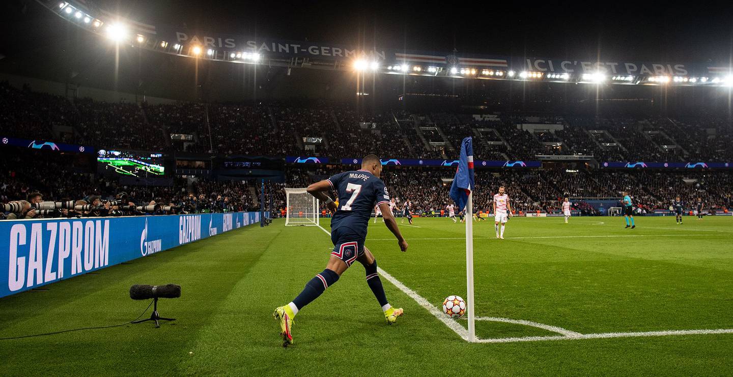 Kylian Mbappé of Paris Saint-Germain takes a corner kick during the UEFA Champions League group A match between Paris Saint-Germain and RB Leipzig at Parc des Princes in Paris on Oct. 19.