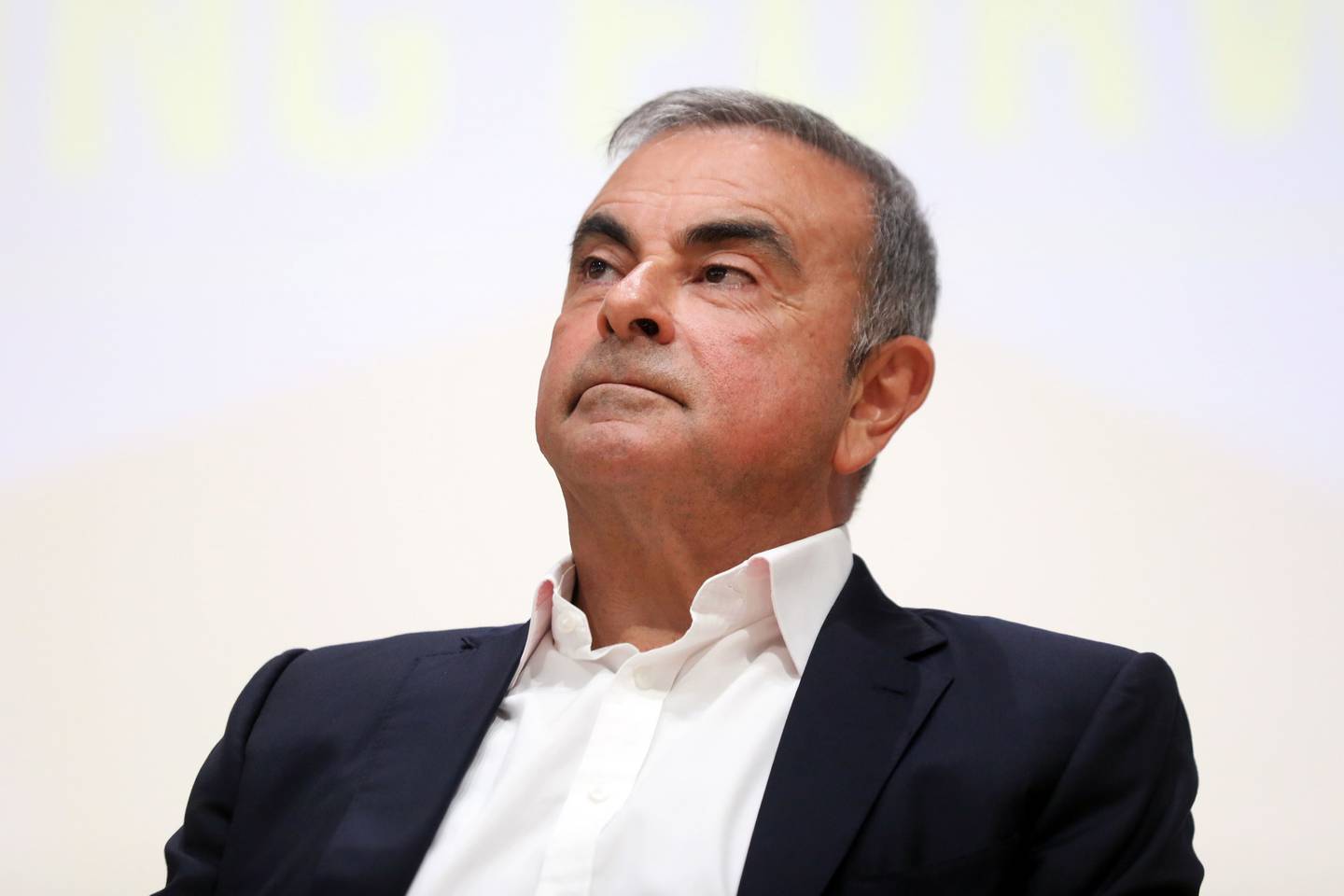 Carlos Ghosn, former Nissan chief executive officer, pauses during a news conference at the Holy Spirit University of Kaslik (USEK) in Jounieh, Lebanon, on Tuesday, Sept. 29, 2020.