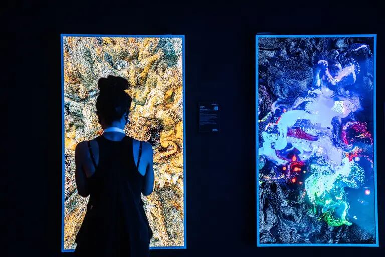 Los visitantes observan las obras de arte digital de Refik Anadol en la Feria de Arte Digital de Asia, en Hong Kong, China, el domingo 3 de octubre de 2021.dfd