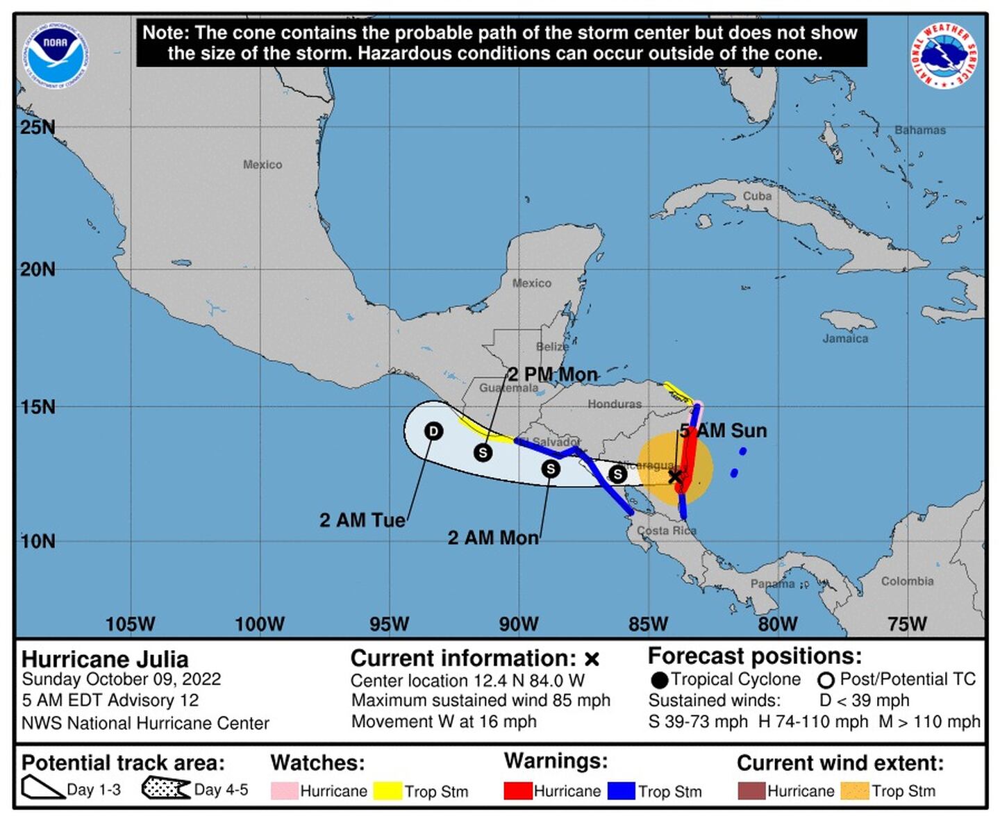 Estimación de la trayectoria del huracán Julia, según la proyección de la mañana del domingo 9 de octubre. En las próximas horas volvería a degradarse como tormenta tropical. Fuente: Centro Nacional de Huracanes de Estados Unidosdfd