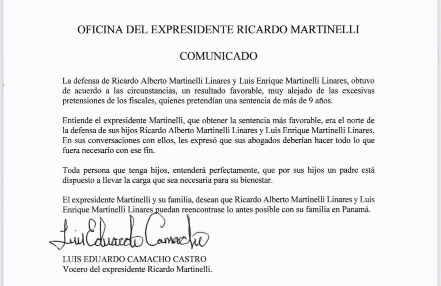 Comunicado del vocero del expresidente Ricardo Martinellidfd
