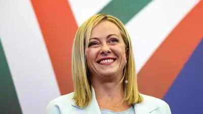 Giorgia Meloni, líder del partido Hermanos de Italia, reacciona en el acto de la noche electoral del partido en Roma, Italia, el lunes 26 de septiembre. 2022.