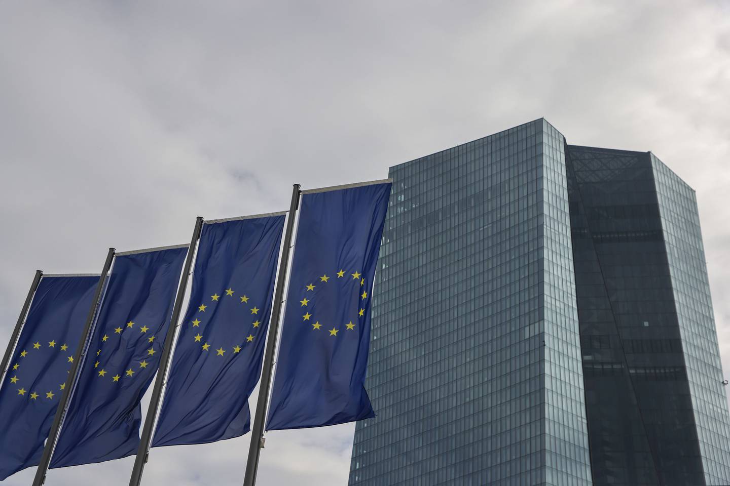 European Union flags outside the headquarters of the European Central Bank (ECB) in Frankfurt, Germany, on Thursday.