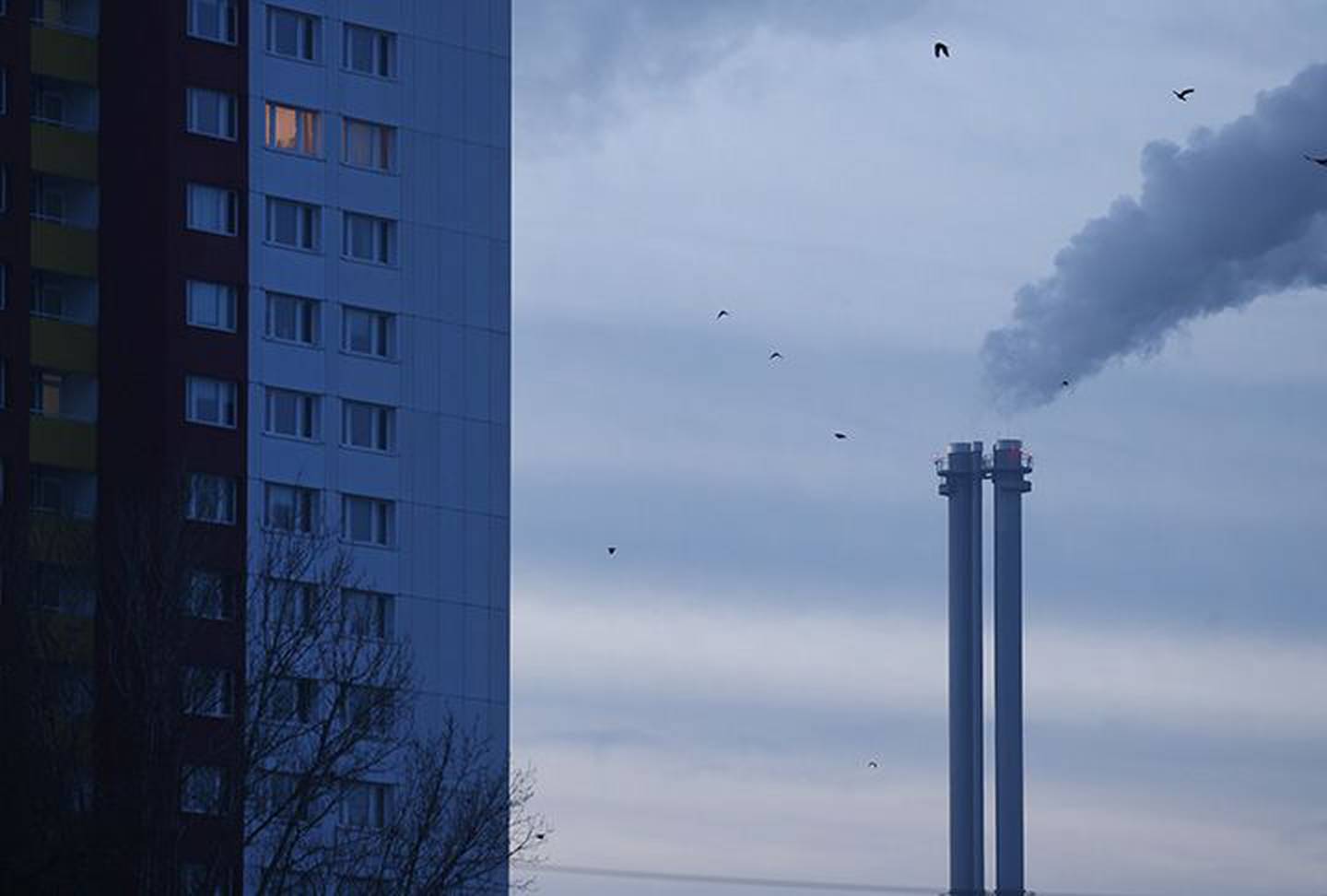 Los gases de escape se elevan desde las chimeneas gemelas de la central térmica de gas natural Heizkraftwerk Mitte durante un día de temperaturas bajo cero el 16 de diciembre de 2022 en Berlín, Alemania.