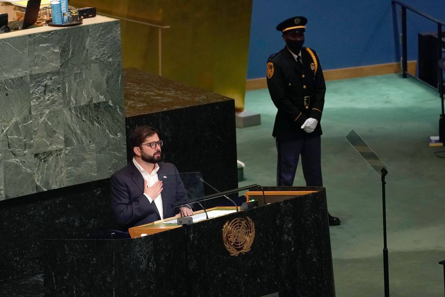 Gabriel Boric, presidente de Chile, en su primer discurso ante la Asamblea General de Naciones Unidas este martes, 22 de septiembre de 2022, en Estados Unidos. Foto: Presidencia de Chiledfd