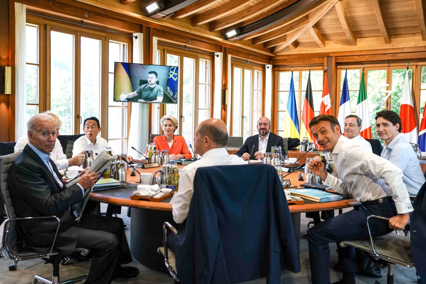 Ukrainian President Volodymyr Zelenskiy speaks by video link to G-7 leaders during their summit at Schloss Elmau, on June 27.