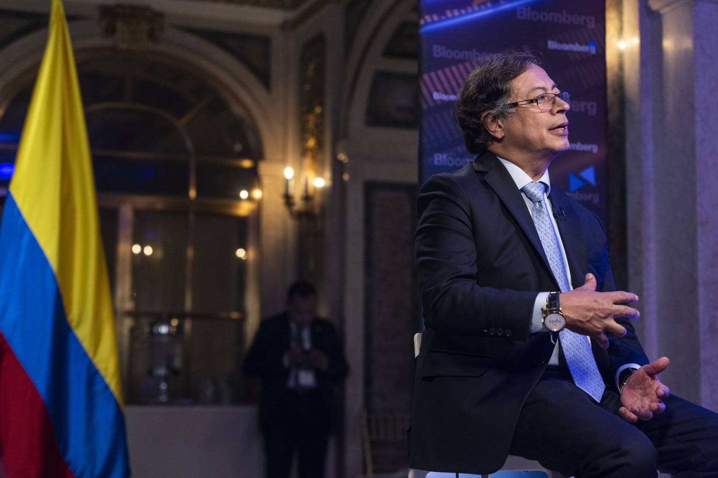 Gustavo Petro, presidente de Colombia, habla durante una entrevista con Bloomberg Television en Nueva York, Estados Unidos, el miércoles 21 de septiembre de 2022.