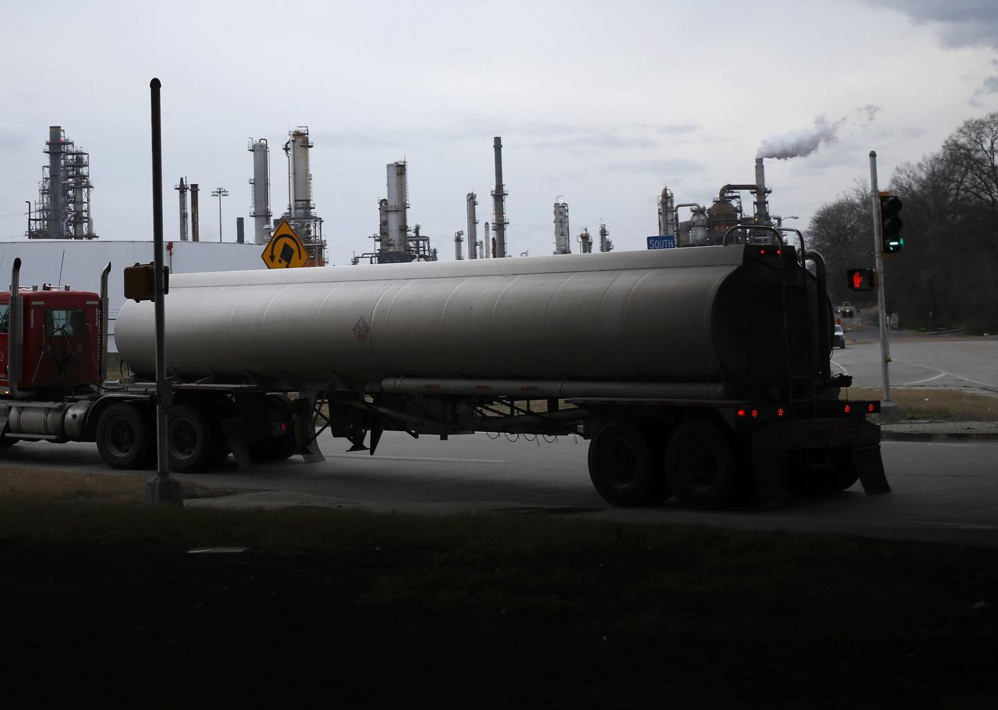 A gasoline tanker truck drives away from a Valero Energy Corp. oil refinery terminal in Memphis, Tennessee, U.S., on Wednesday, Feb. 16, 2022.