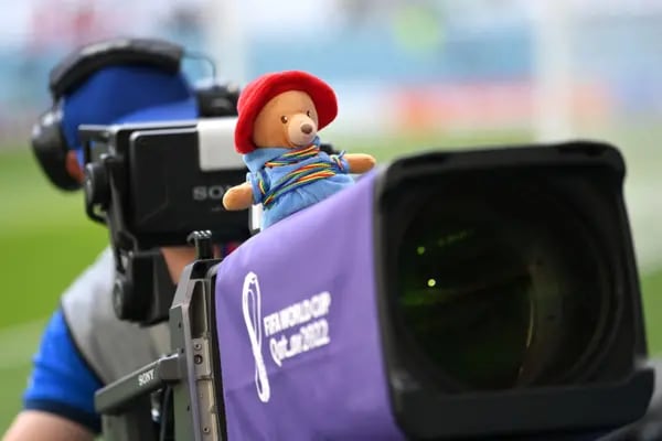 A teddy bear wearing Rainbow colours is seen on a camera during the FIFA World Cup Qatar 2022 Group D match between Denmark and Tunisia at Education City Stadium.