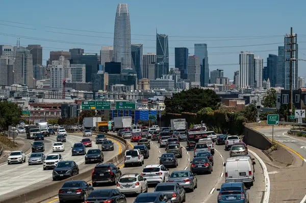 Traffic on highway 101 in San Francisco, California, US. California is ranked by Oxfam as being the best US state to work in, according to the 2023 edition of its Best States to Work Index.