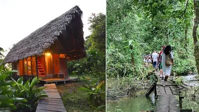 Cabaña en el Hotel Calanoa Amazonas, en Colombia, y el inicio del senderismo con Top Che, en Chiapas.