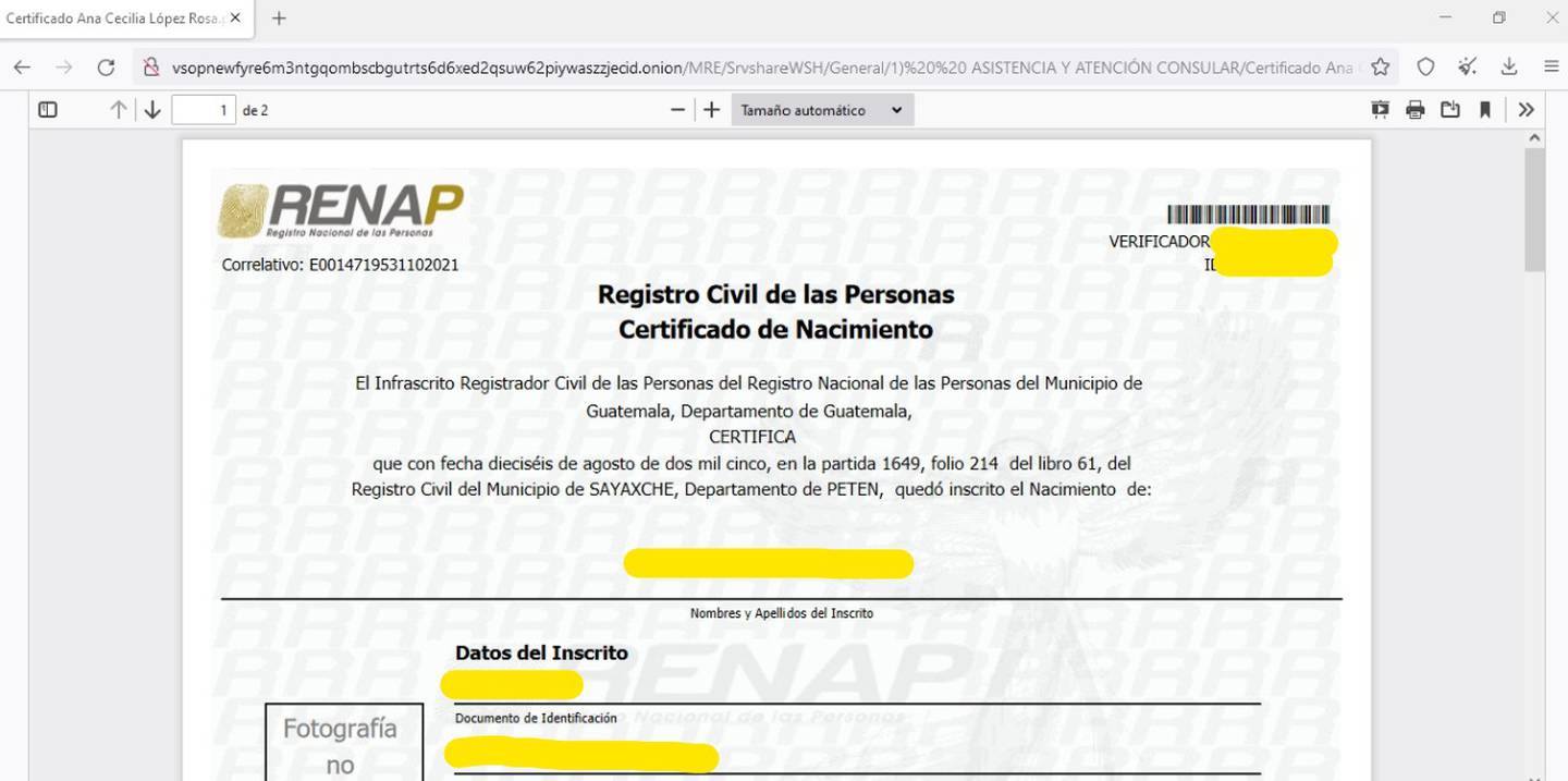 Certificaciones de nacimiento extendidas por el Renap, también se pueden encontrar entre los archivos divulgados.dfd