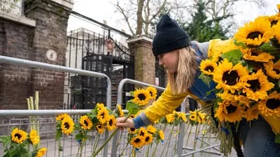 Manifestante coloca girassóis do lado de fora da Embaixada da Rússia em Londres