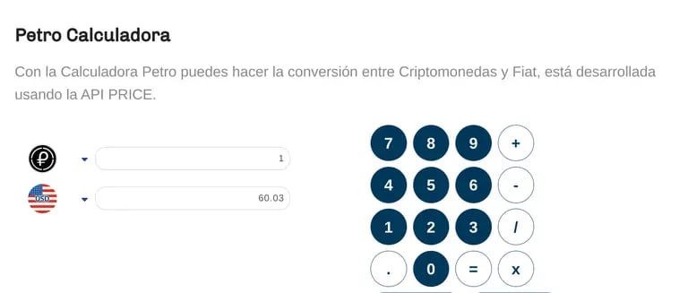 La calculadora Petro arroja el valor de 60,03 dólares por cada una de esta criptomoneda venezolanadfd
