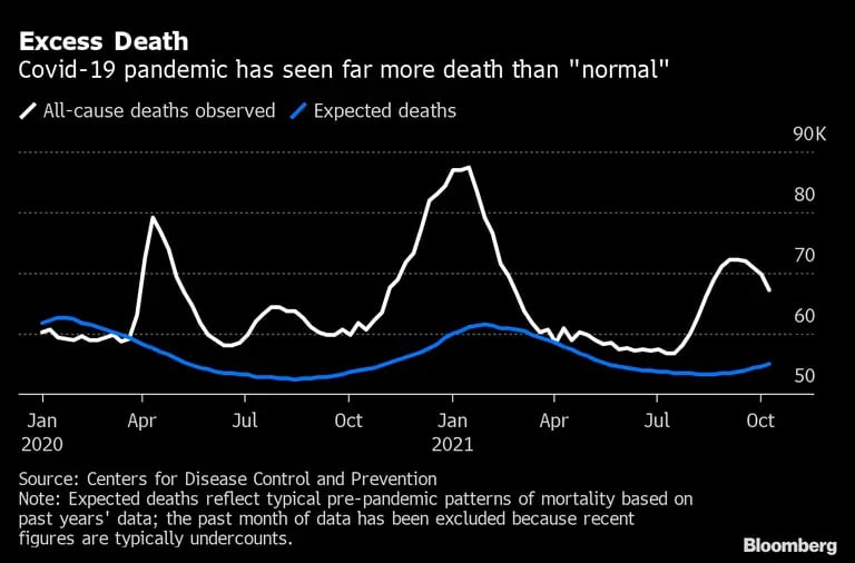 La pandemia de Covid-19 ha provocado muchas más muertes de lo "normal"
Blanco: muertes por todas las causas observadas
Azul: muertes previstasdfd