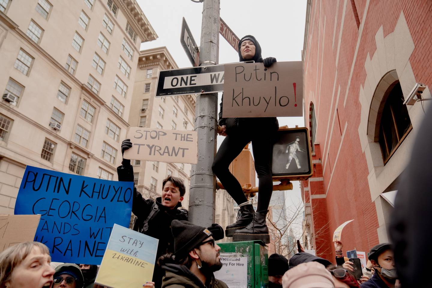 Demonstrators in New York on Feb. 24. Photographer: Amir Hamja/Bloombergdfd