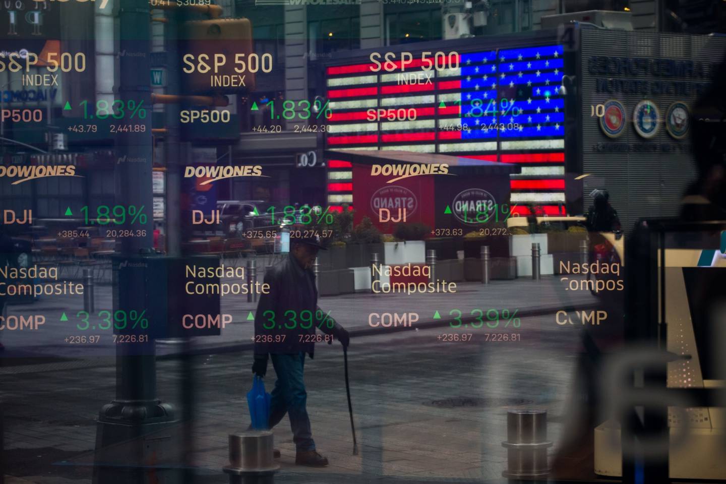 Monitors displaying stock market information are seen through the window of the Nasdaq MarketSite in the Times Square neighborhood of New York, U.S.