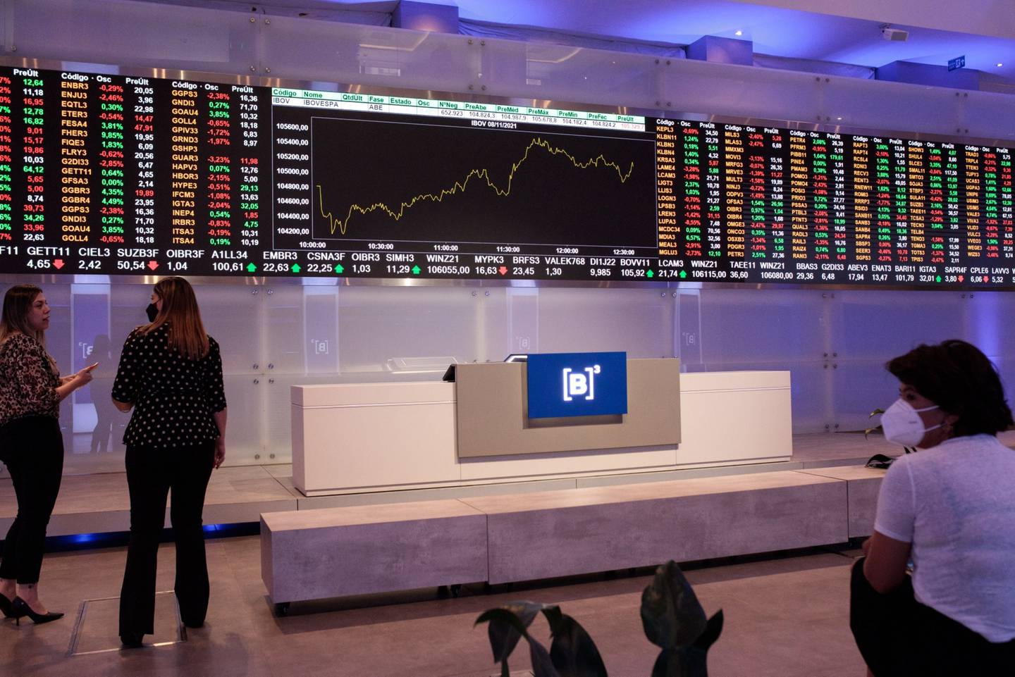 Visitors in front of an electronic board displaying stock activity at the Brasil Bolsa Balcao (B3) stock exchange in Sao Paulo, Brazil, on Monday, Nov. 8, 2021. The Ibovespa opened 0.2 percent lower at 104,627.30 in Sao Paulo, with Brasil Bolsa Balcao contributing the most to the index decline, decreasing 1.9 percent. Photographer: Patricia Monteiro/Bloomberg