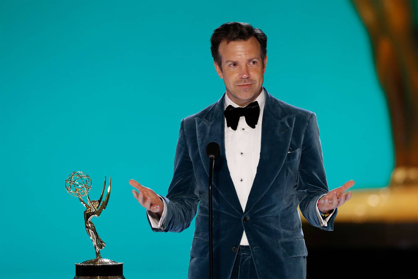 Jason Sudeikis from 'Ted Lasso' appears at the 73RD EMMY AWARDS, broadcast Sunday, Sept. 19 2021.