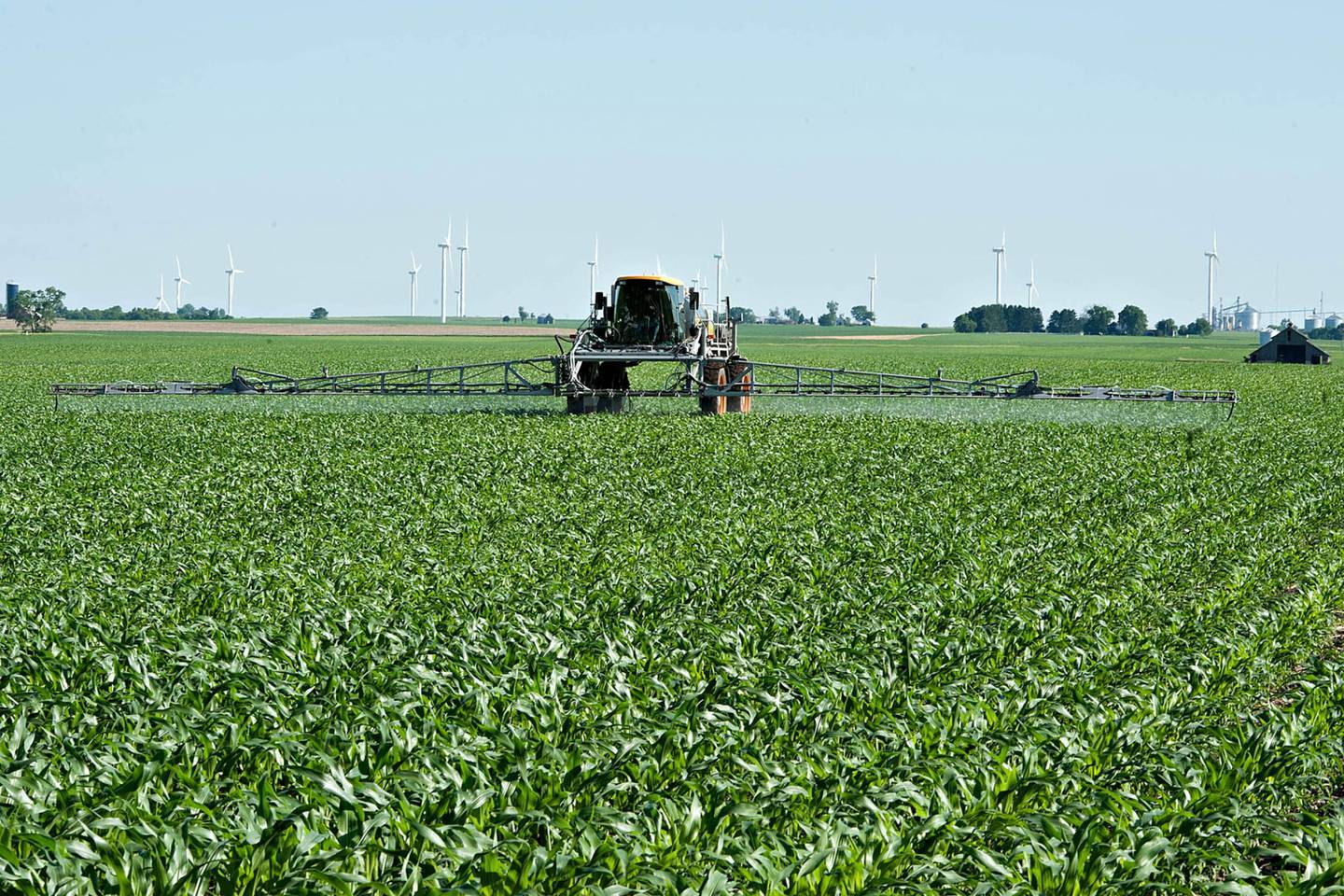 Un agricultor rocía las plantas de maíz con una niebla de herbicida, fungicida y fertilizante utilizando un pulverizador de Hagie Manufacturing Co. en Kasbeer, Illinois, Estados Unidos, el lunes 13 de junio de 2011.