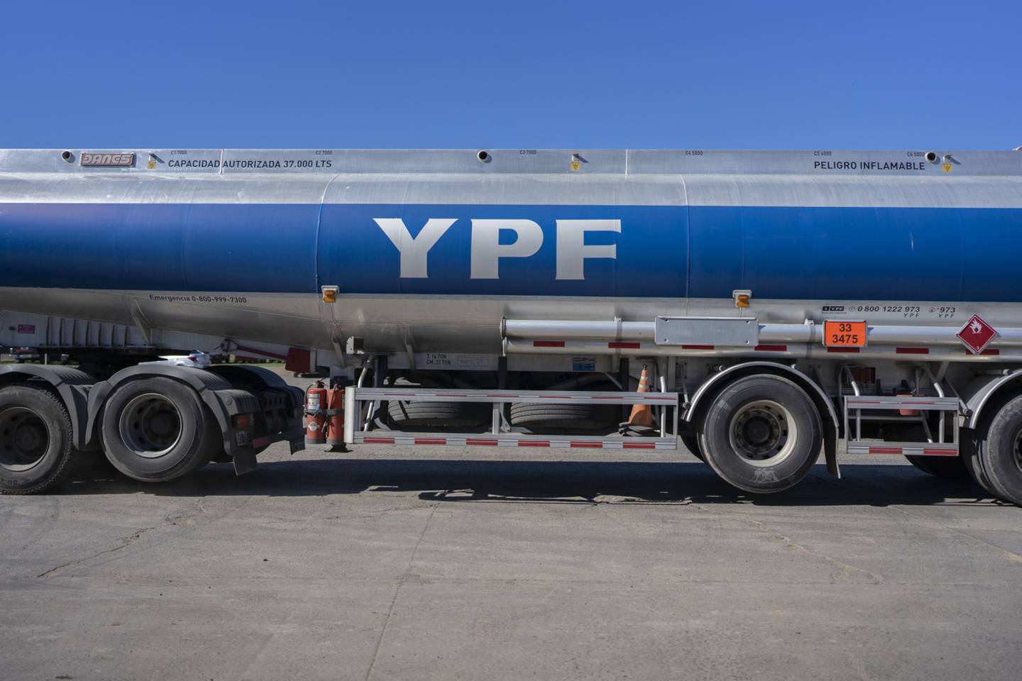 A YPF tanker truck during a protest amid diesel shortages near Puerto General San Martin, Argentina, on Tuesday, April 12, 2022. Just 1,170 trucks were lined up to enter ports on Monday, when the daily average last week was closer to 6,000.