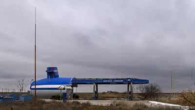 An abandoned gas station shaped to look like a submarine in Solkovye.