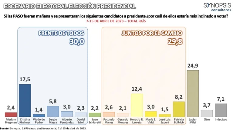 Javier Milei y Cristina Kirchner serían los candidatos más votados en las primarias de agosto, según Synopsis.dfd