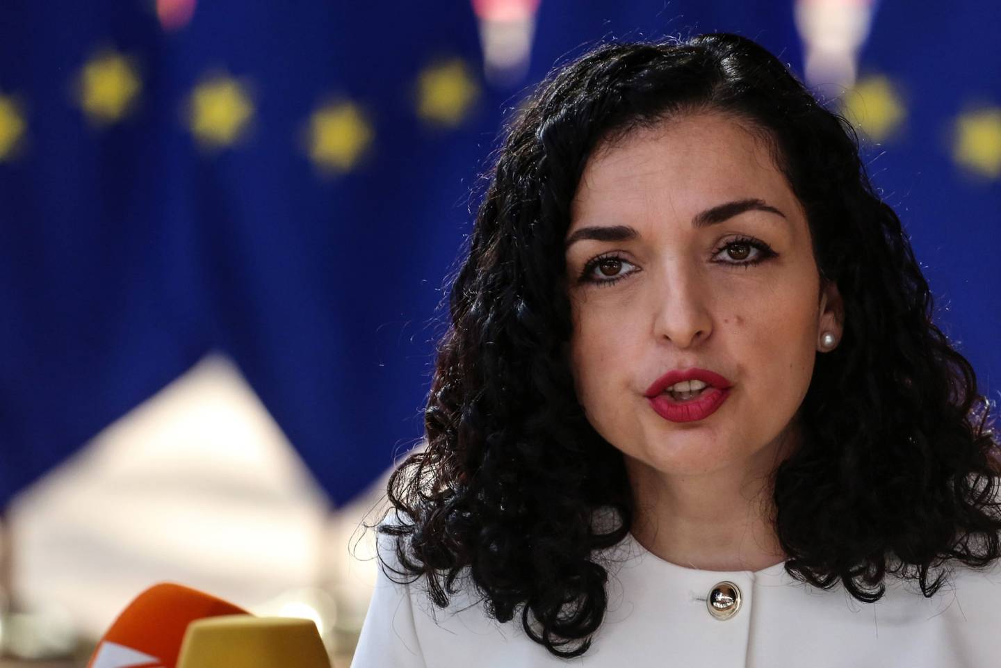 Vjosa Osmani, Kosovo's president, speaks to the media at the European Union (EU)-Western Balkans leaders summit at the European Council headquarters in Brussels, Belgium, on Thursday, June 23, 2022.