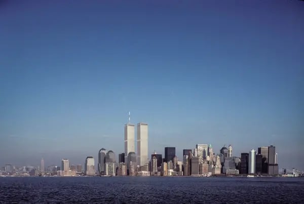 the World Trade Center from the Staten Island Ferry, 1992.
