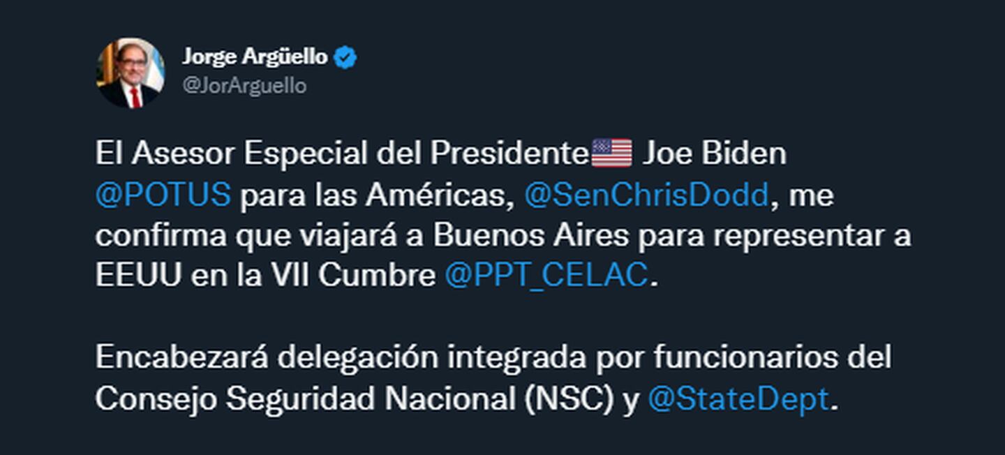 El embajador argentino en Estados Unidos, Jorge Argüello, comunicó que Biden no asistirá a la cumbre de CELAC.dfd