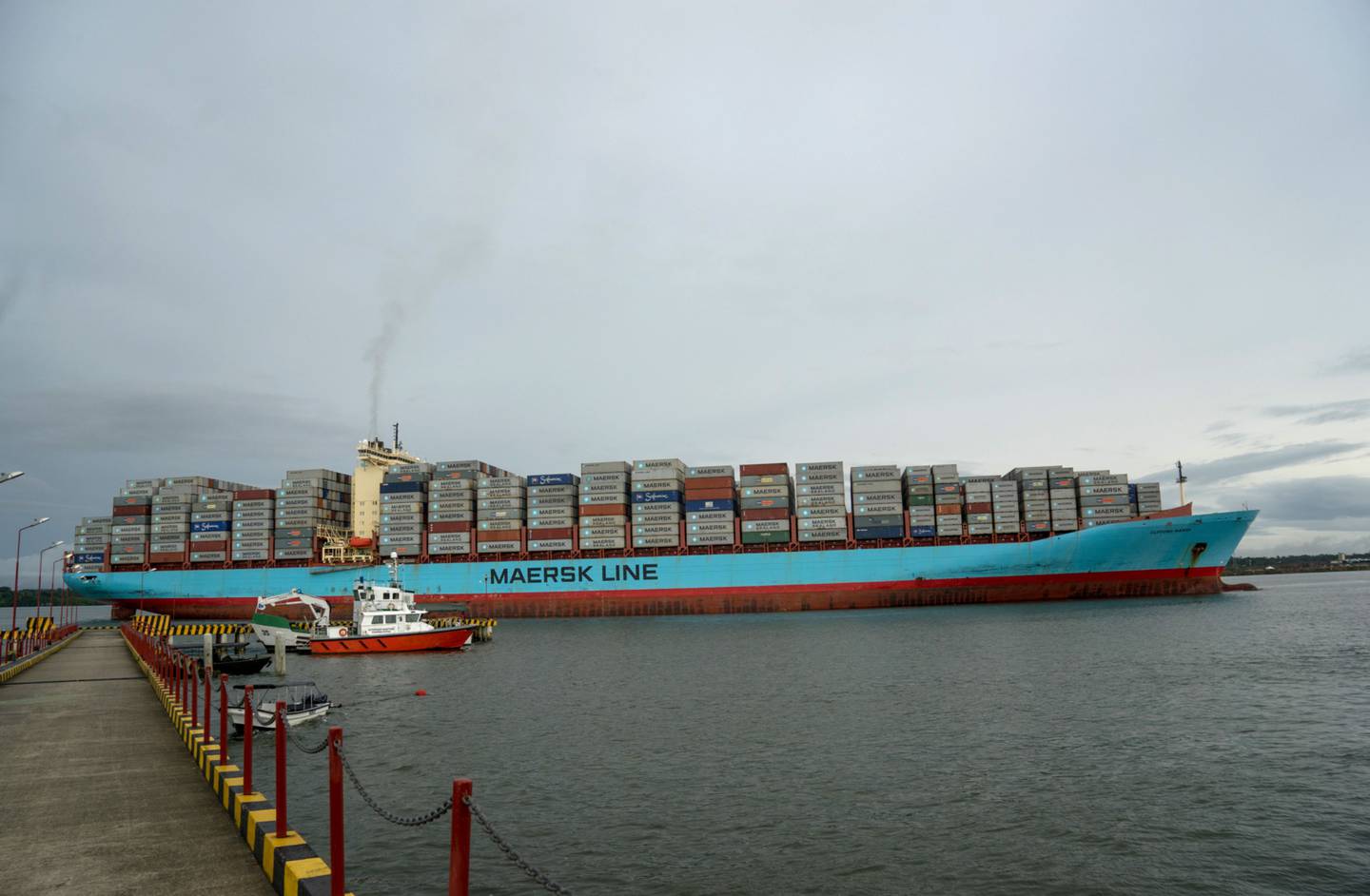 A Maersk container ship arrives at Buenaventura port in Colombia, the country's main Pacific coast port.
